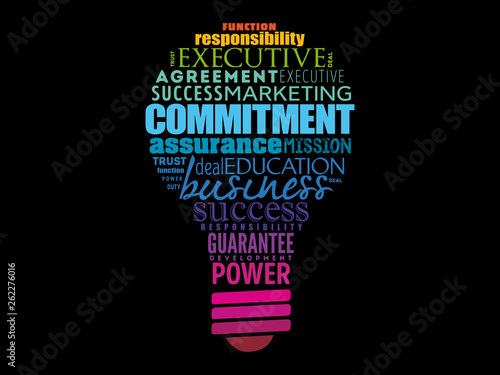 Commitment light bulb word cloud collage, business concept background
