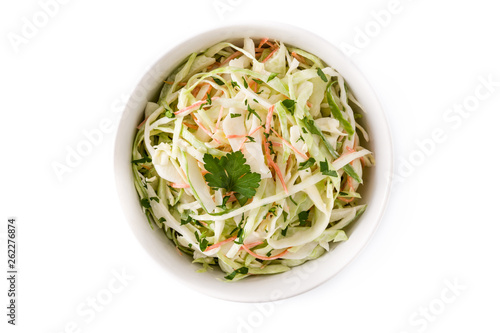 Coleslaw salad in white bowl isolated on white background Fototapeta