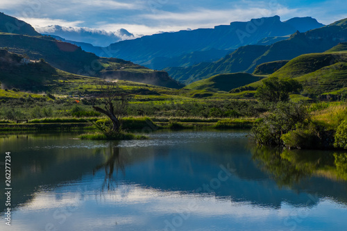 Landscape photo of lake in the mountains with reflection in the water, South Africa, Africa