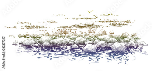 Seascape drawing. Hand drawn coast, stones, water 