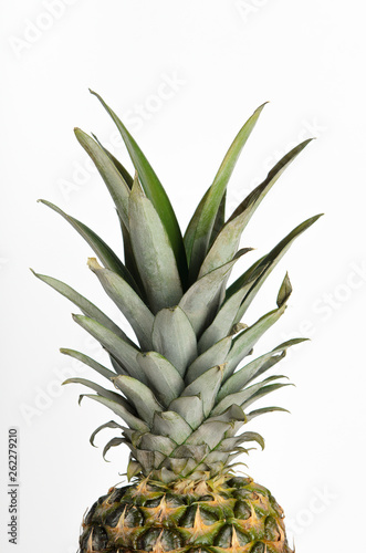 Ripe pineapple with green leaves on a white background. Summer refreshing tropical dietary healthy fruit. Minimal composition.