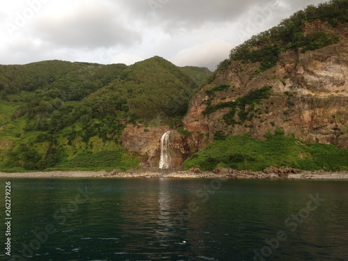 Seaside Mountains and Waterfall in Shiretoko, Hokkaido, Japan