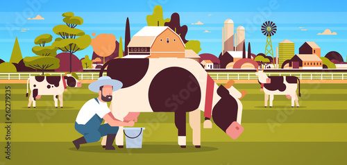 male farmer milking cow in bucket farm domestic animal cattle fresh milk concept flat horizontal farmland barn countryside landscape flat full length horizontal