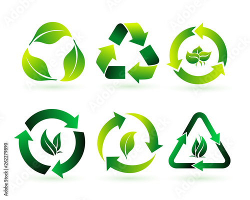 Set of recycle, biodegradable, and compostable concept of reduce reuse recycle concept. Easy to modify. Recycled eco green icon. Vector illustration. Isolated on white background.