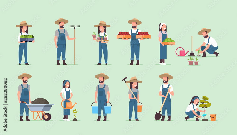 set male female farmers holding different farming equipment harvesting planting vegetables agricultural workers collection eco farming concept flat full length horizontal