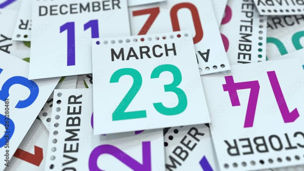March 23 date on calendar page. 3D animation March 23 date on calendar page. 3D animation