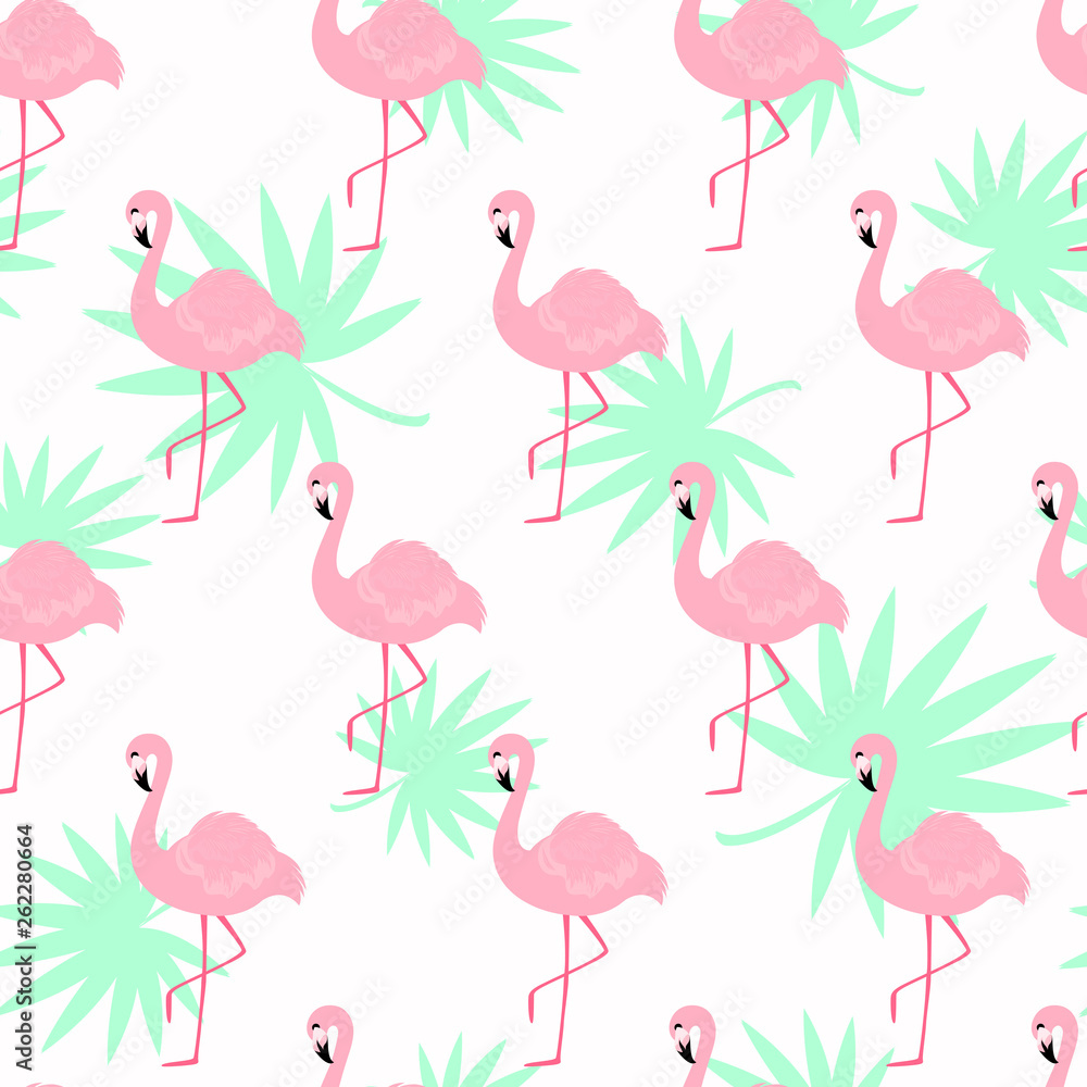Vector seamless pattern with flamingo on backdrop with tropical leaves . For wrapping paper, design poster, banner, print on clothes for boys or girls. Cute childish background. Vector seamless pattern with flamingo on backdrop with tropical leaves . For wrapping paper, design poster, banner, print on clothes for boys or girls. Cute childish background.