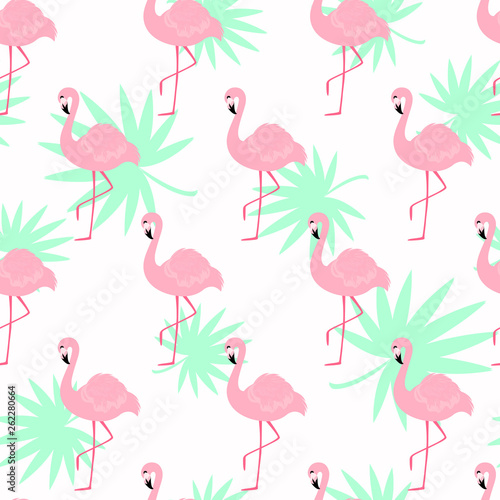 Vector seamless pattern with flamingo on backdrop with tropical leaves . For wrapping paper, design poster, banner, print on clothes for boys or girls. Cute childish background.