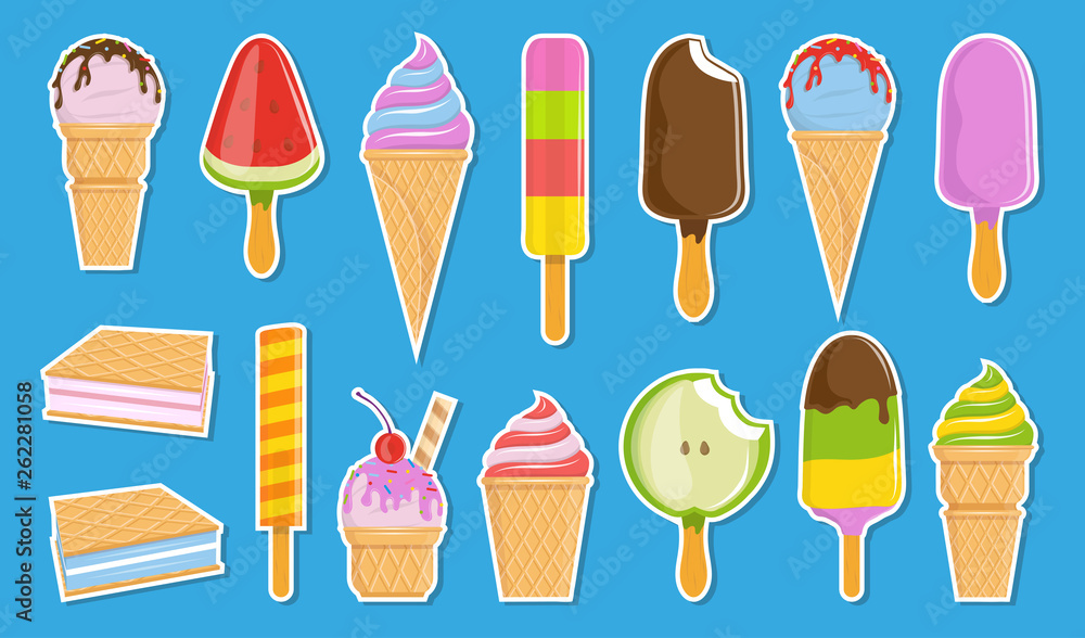 Vector ice cream sticker collection. Cartoon ice cream. Colorful fruit ice cream. Ice lolly. Vector graphics to design Vector ice cream sticker collection. Cartoon ice cream. Colorful fruit ice cream. Ice lolly. Vector graphics to design