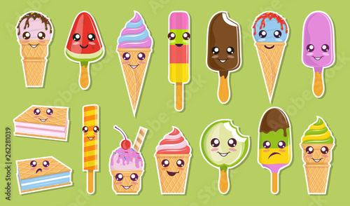 Vector Set Of Cute kawaii ice cream sticker. Kawaii faces. Cartoon ice cream. Kawaii eyes. Vector graphics to design 