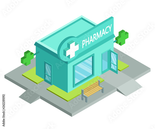Vector isometric drugstore. Facade of pharmacy store isolated on white background. Drugstore house. Cartoon pharmacy store building. Drugstore front. Vector graphics to design