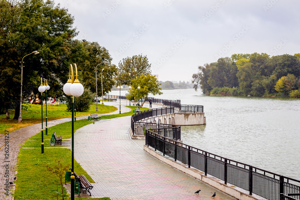 Embankment near the river in the city park. City landscape of Khmelnitsky_