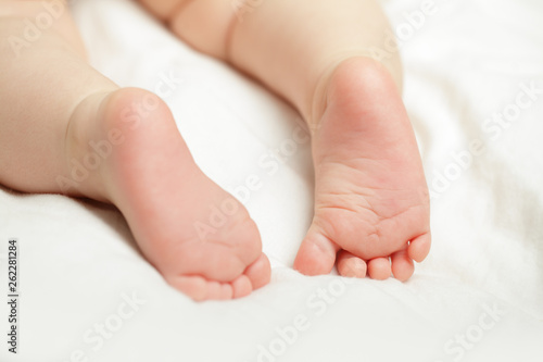 Feet of newborn baby on white background