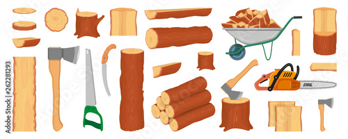 Set of wood logs, trunks, stump and planks. Woodcutter or lumberjack tools. Forestry. Firewood logs. Tree wood trunk. Wood bark and tree log. Firewood and crust. Firewood for sale. Vector graphics