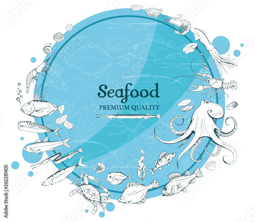 Set of different sea fish and mollusks. Seafood with spice. Fresh sea fish with ingredients. Vector seafood. Fresh fish set. Different sea inhabitants. Vector graphics to design