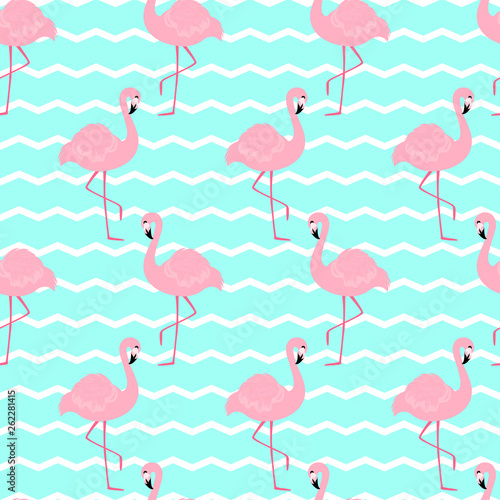 Vector seamless pattern with pink flamingo on zigzag backdrop of mint color. For wrapping paper, design poster, banner, print on clothes for boys or girls. Cute tropical background.