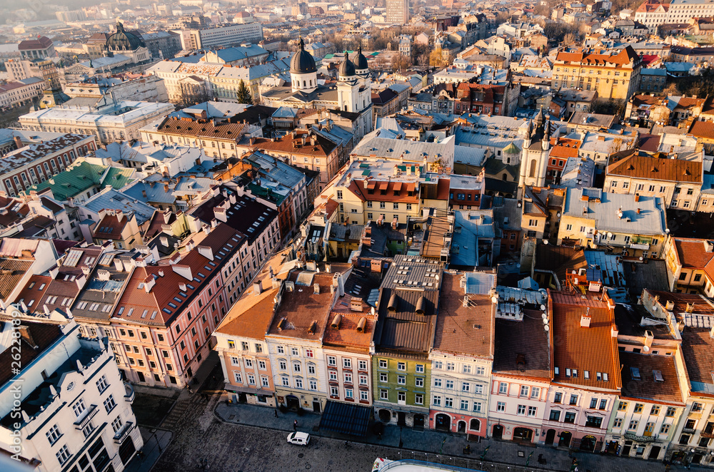 Fototapeta premium Top view of the roof of an old European city - Lviv.