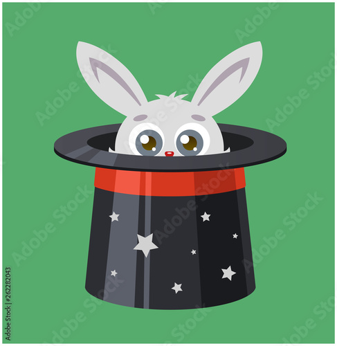 a white rabbit sticks his ears out of a magic hat. magician trick on the show. character vector illustration.