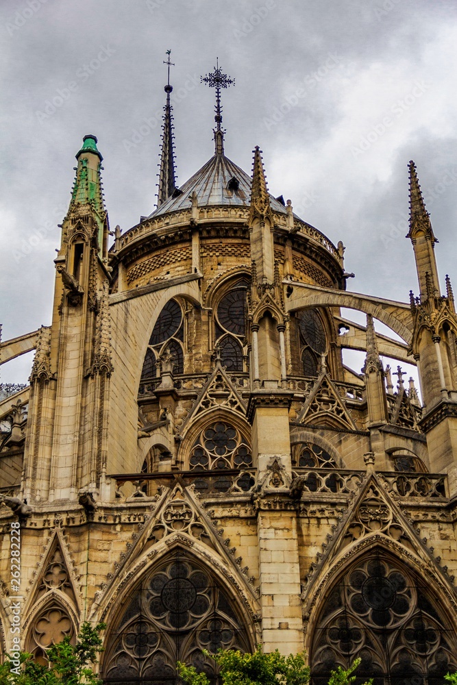 Detail of the facade of the Notre-Dame Cathedral in Paris.