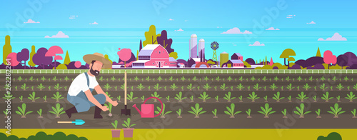 male farmer planting young seedlings plants vegetables man working in garden agricultural worker eco farming concept farmland field countryside landscape flat full length horizontal