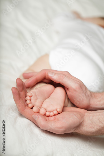 Little baby feets on parent hands on white