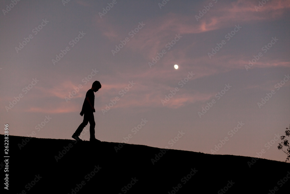 silhouette of a boy on top of a hill with the moon and sky