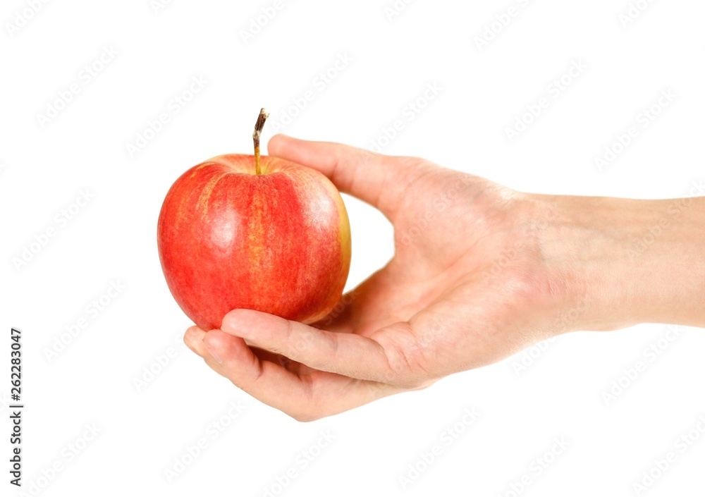 Hand holding a red apple. Close up. Isolated on white background Hand holding a red apple. Close up. Isolated on white background