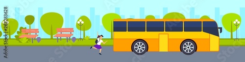 teenager girl running to catch school bus hurry up late concept female student waving hand gesture city urban park landscape background horizontal banner vector illustration