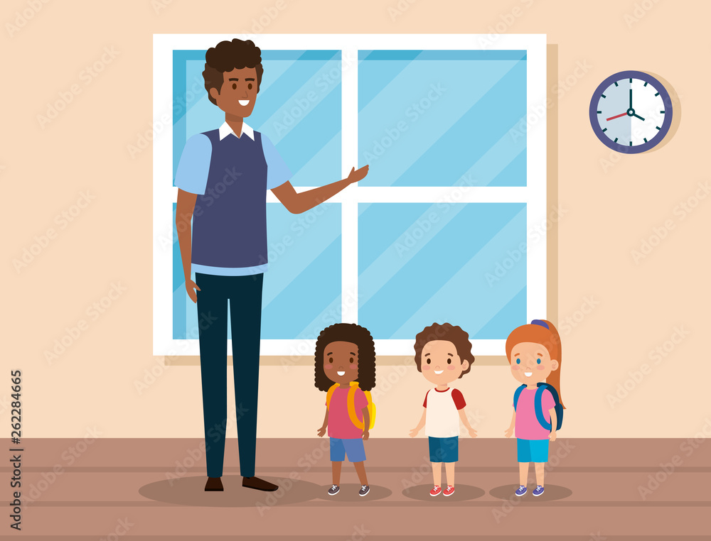 professioal man teacher with kids and window professioal man teacher with kids and window