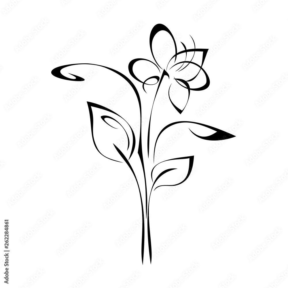 stylized flower on stem with leaf in black lines on white background stylized flower on stem with leaf in black lines on white background
