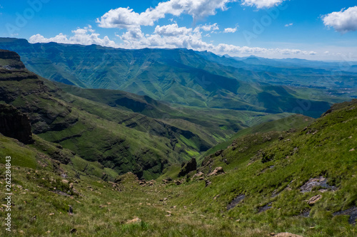 Landscape view over green mountains with clouds, South Africa, Africa