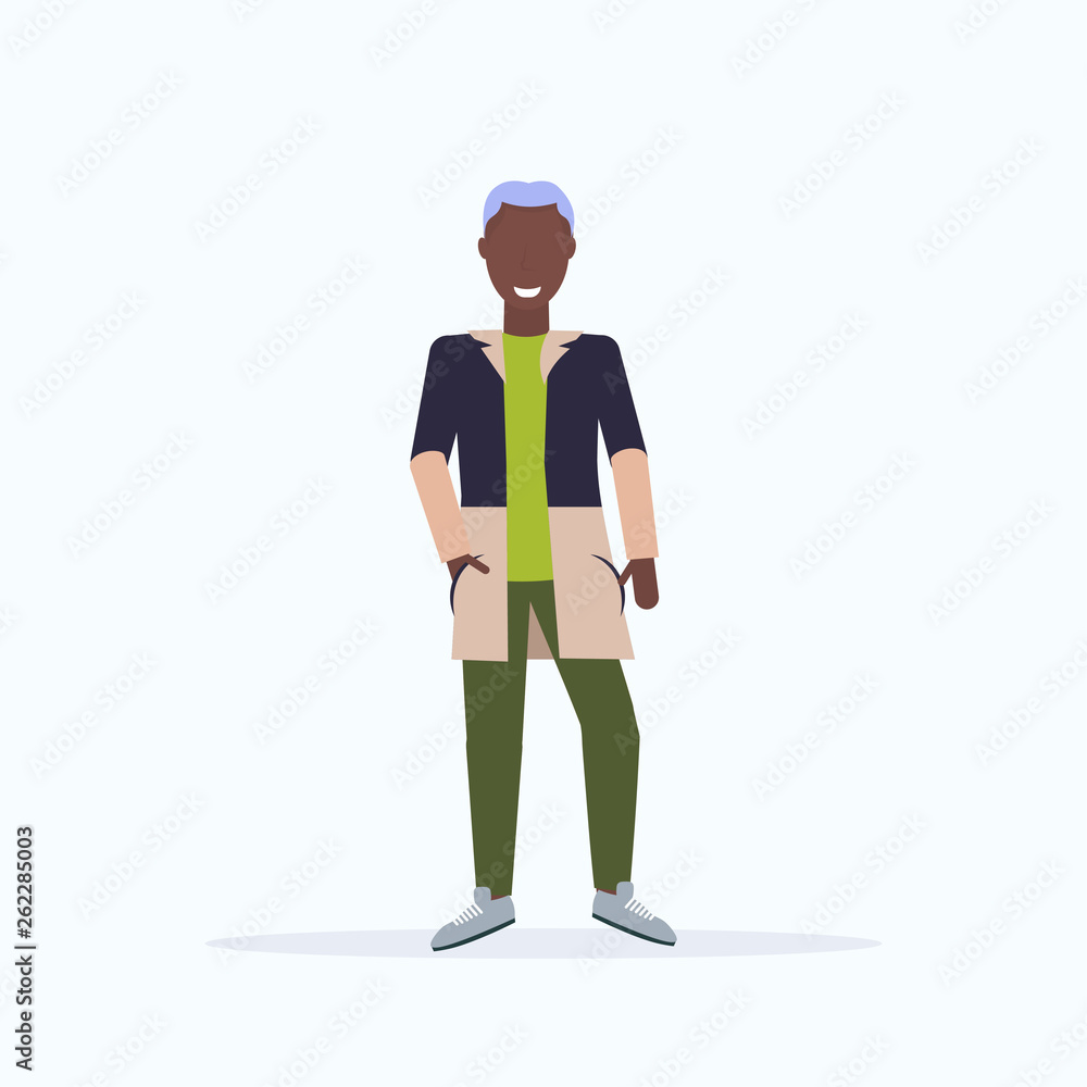 happy casual man standing pose smiling african american guy wearing trendy clothes male cartoon character full length flat white background happy casual man standing pose smiling african american guy wearing trendy clothes male cartoon character full length flat white background