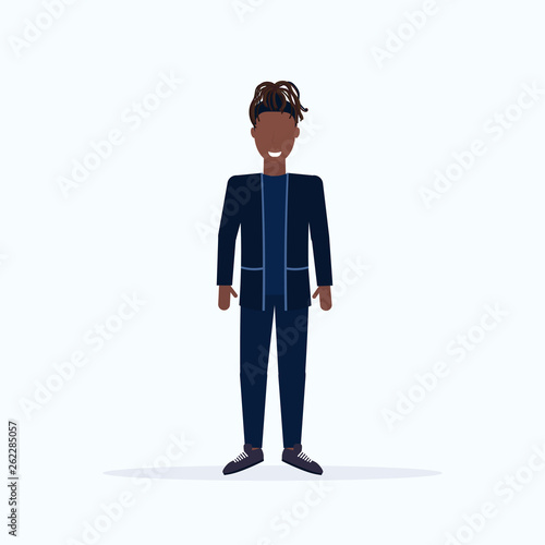 happy casual man standing pose smiling african american guy wearing trendy clothes male cartoon character full length flat white background