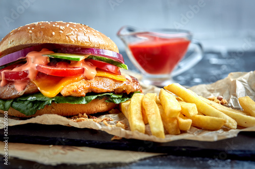 Delicious burgers with beef, tomato, cheese and french fries with tomato sauce