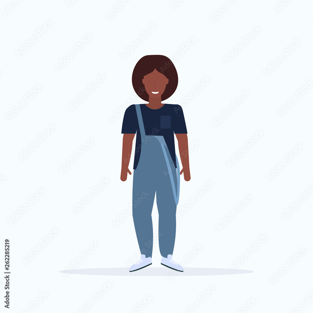 happy casual woman standing pose smiling african american girl wearing trendy clothes female cartoon character full length flat white background happy casual woman standing pose smiling african american girl wearing trendy clothes female cartoon character full length flat white background