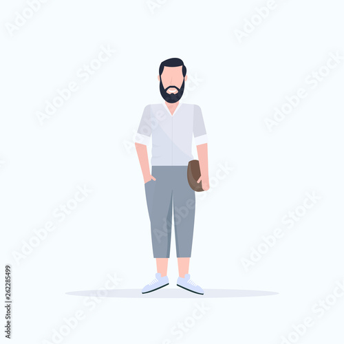 happy casual man standing pose smiling guy holding handbag wearing trendy clothes male cartoon character full length flat white background