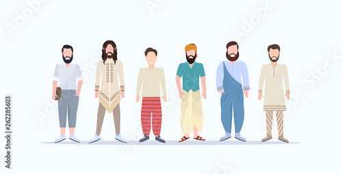 happy casual men standing together smiling mix race guys with different hairstyles wearing trendy clothes male cartoon characters full length flat white background horizontal