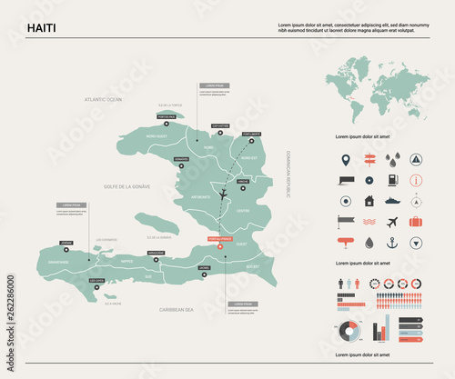 Vector map of Haiti. High detailed country map with division, cities and capital Port-au-Prince. Political map, world map, infographic elements.