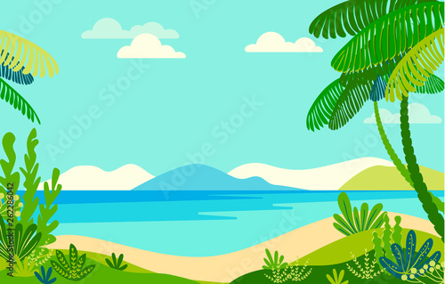 Vector illustration in trendy flat simple style - tropical background with copy space for text - landscape with beach, palm trees, plants - background for banner, greeting card, poster