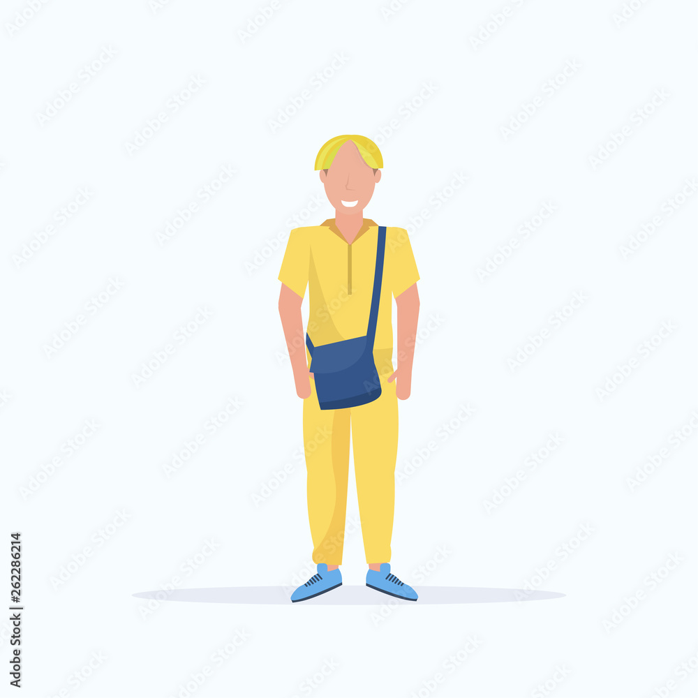 happy casual man with dyed hair standing pose smiling guy wearing trendy clothes holding handbag male cartoon character full length flat white background happy casual man with dyed hair standing pose smiling guy wearing trendy clothes holding handbag male cartoon character full length flat white background
