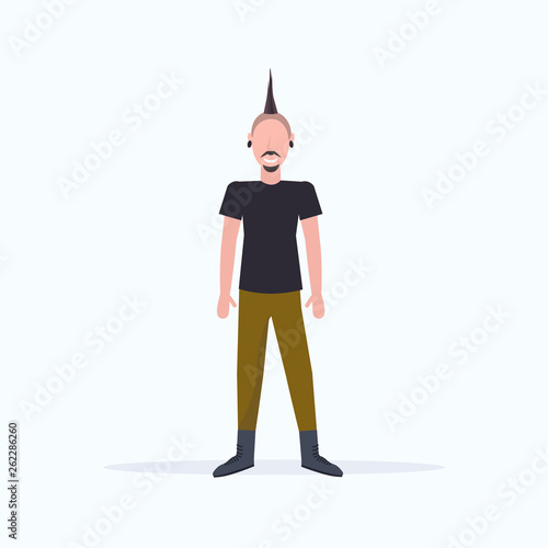 happy man punk with iroquois standing pose smiling guy wearing trendy clothes male cartoon character full length flat white background