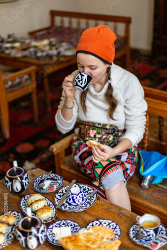 Tea drinking in the Asian style In Buhara photo