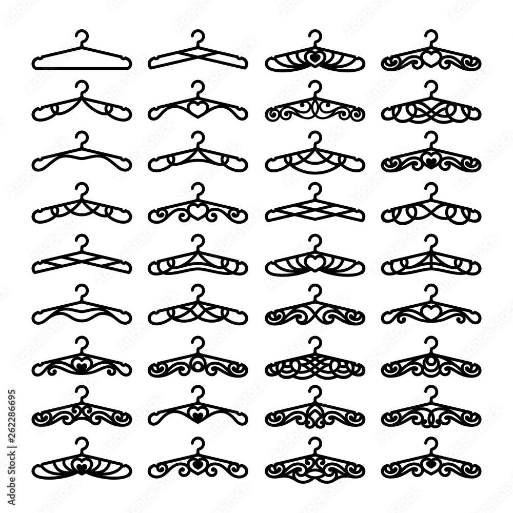 Set of decorative clothes hangers for atelier, wedding salon, boutique,  store. Black objects on white background. Template for laser cutting, wood  carving, paper cut and printing. Vector illustration. Stock Vector | Adobe