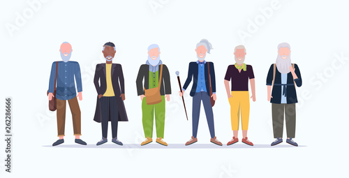 casual mature men standing together smiling senior gray haired mix race people wearing trendy clothes male cartoon characters full length flat white background horizontal