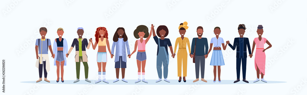 happy men women standing together smiling african american people with different hairstyles wearing trendy clothes male female cartoon characters full length white background horizontal