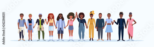 happy men women standing together smiling african american people with different hairstyles wearing trendy clothes male female cartoon characters full length white background horizontal © mast3r