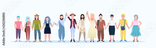 casual men women standing together smiling people with different hairstyles wearing trendy clothes male female cartoon characters full length flat white background horizontal