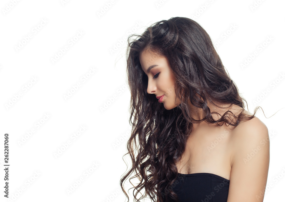 Young brunette model woman with long perfect hair on white background. Beautiful female face, profile Young brunette model woman with long perfect hair on white background. Beautiful female face, profile