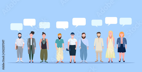 happy men women standing together chat bubble communication casual people wearing trendy clothes male female cartoon characters full length blue background horizontal