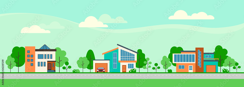 Suburban houses along the street. Set private houses in flat design style. Colorful residential houses and trees. 